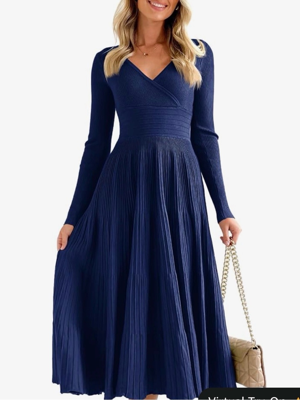 Long Sleeve V-Neck Knit Dress in Navy